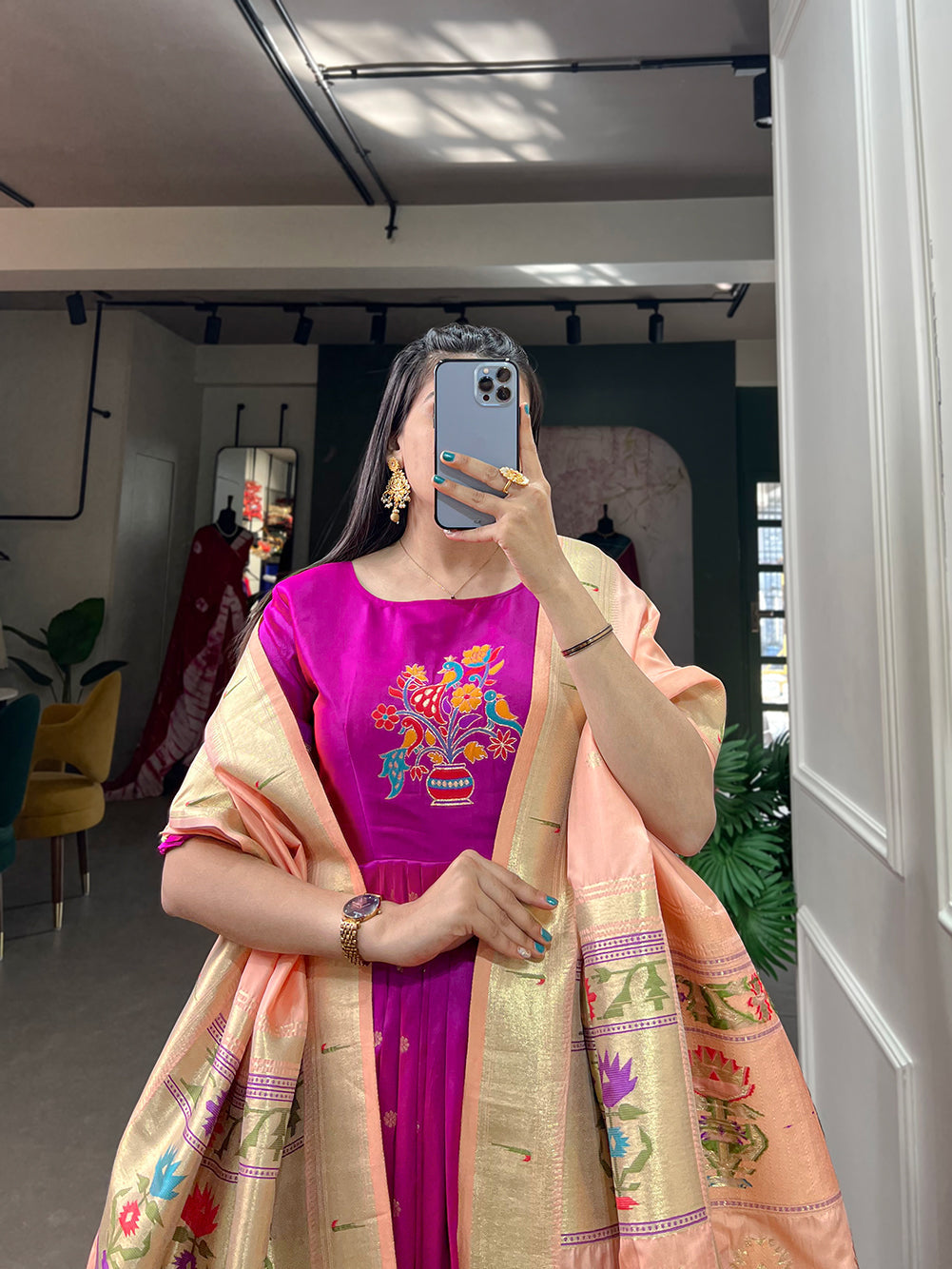 Lorenvalley Purple Jacquard Silk Paithani Woven Design Gown with Dupatta 