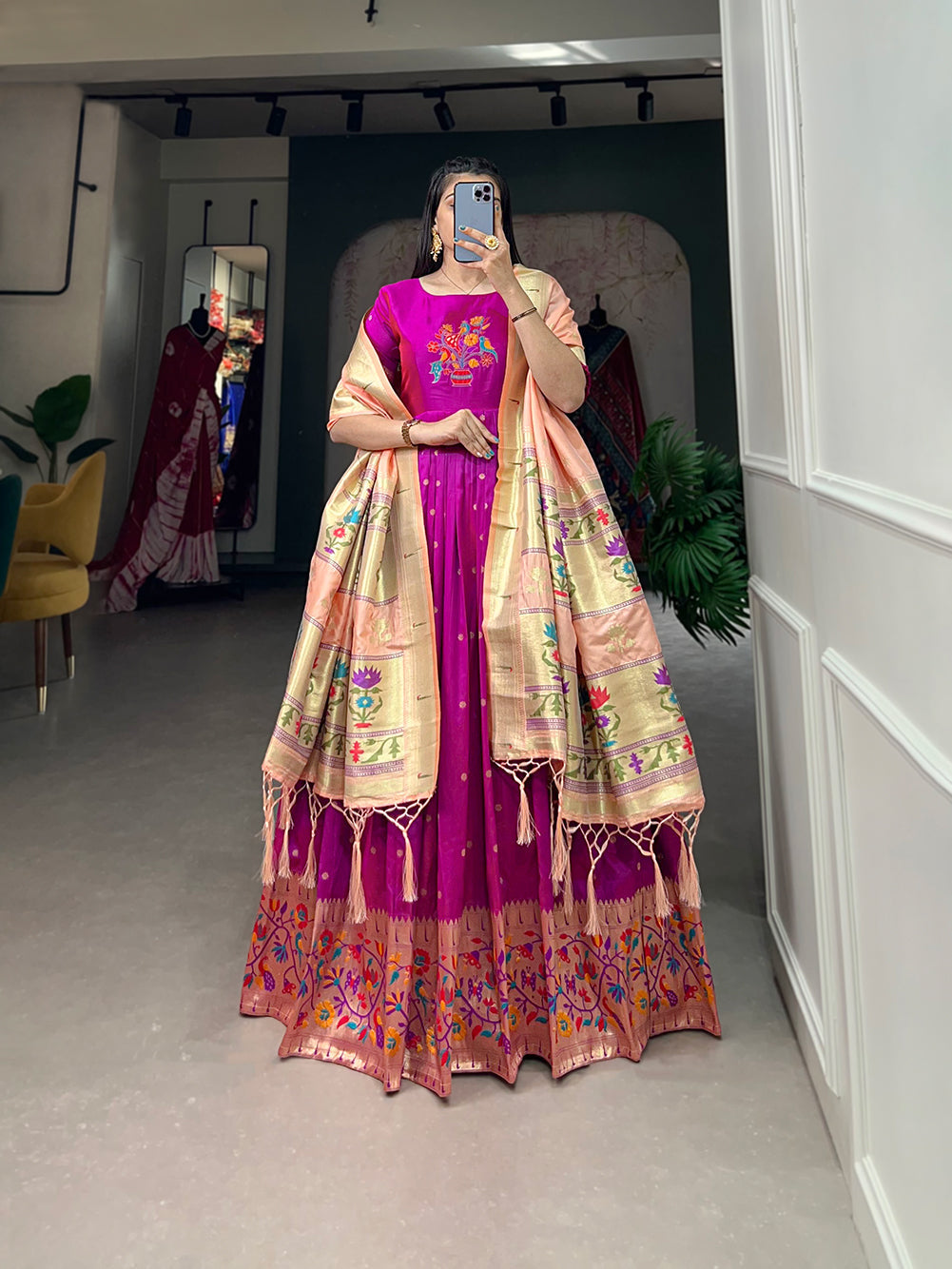 Lorenvalley Purple Jacquard Silk Paithani Woven Design Gown with Dupatta 