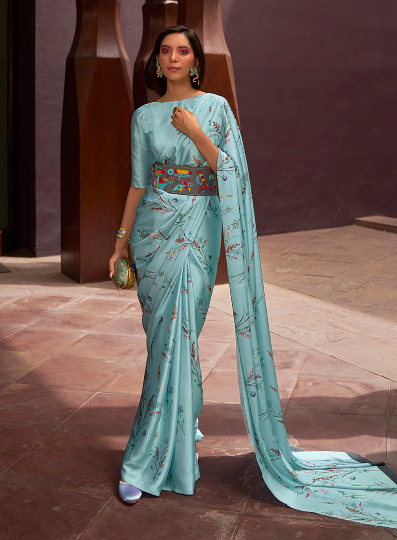 Monjolika Fashion Crepe Satin Digital Print Aqua Blue Trendy Saree