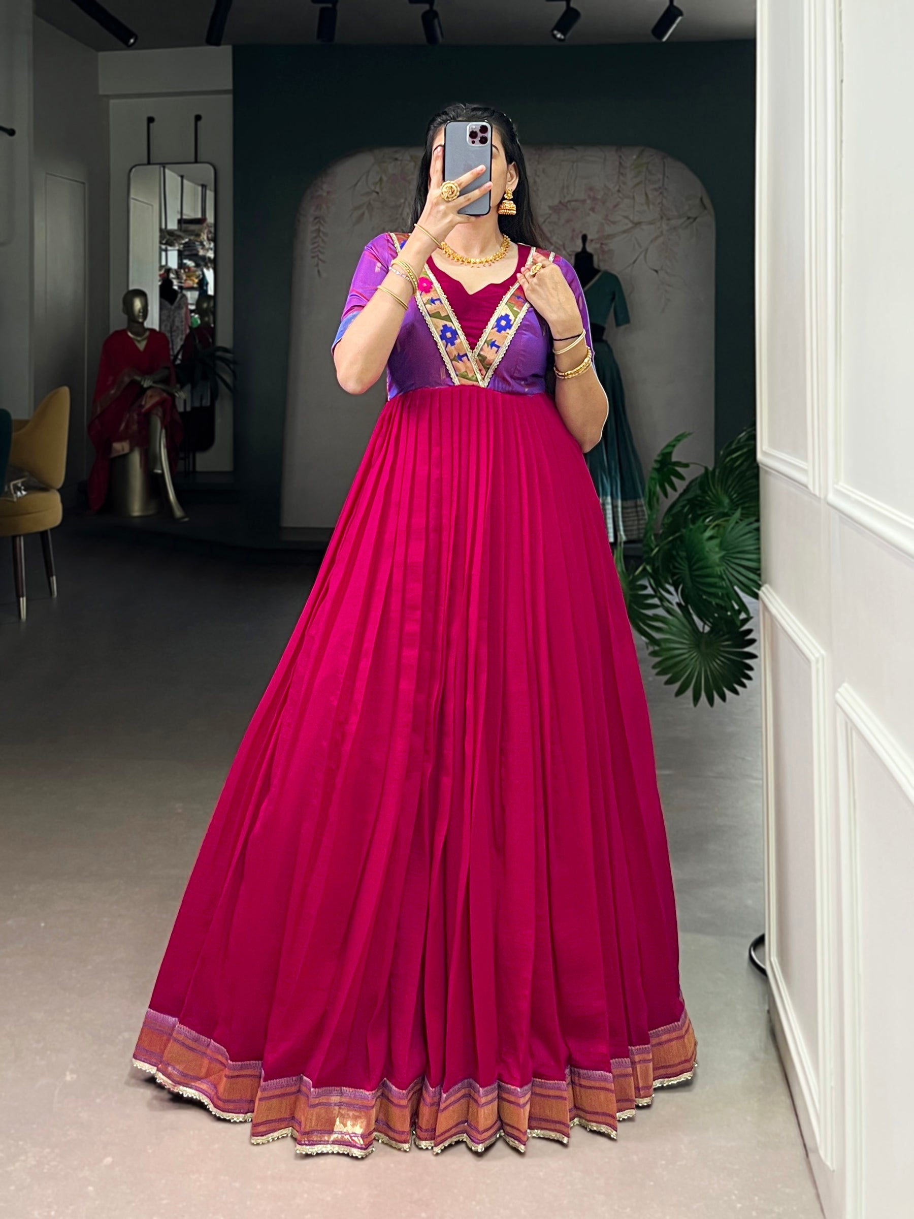 Lorenvalley Fashion Rani Pink Vichitra Silk Zari Weaving Work With Lace Touch Up Gown