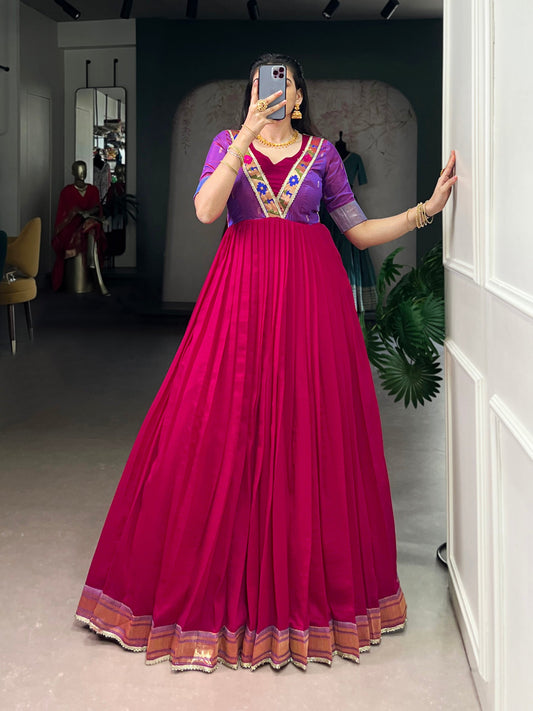 Lorenvalley Fashion Rani Pink Vichitra Silk Zari Weaving Work With Lace Touch Up Gown