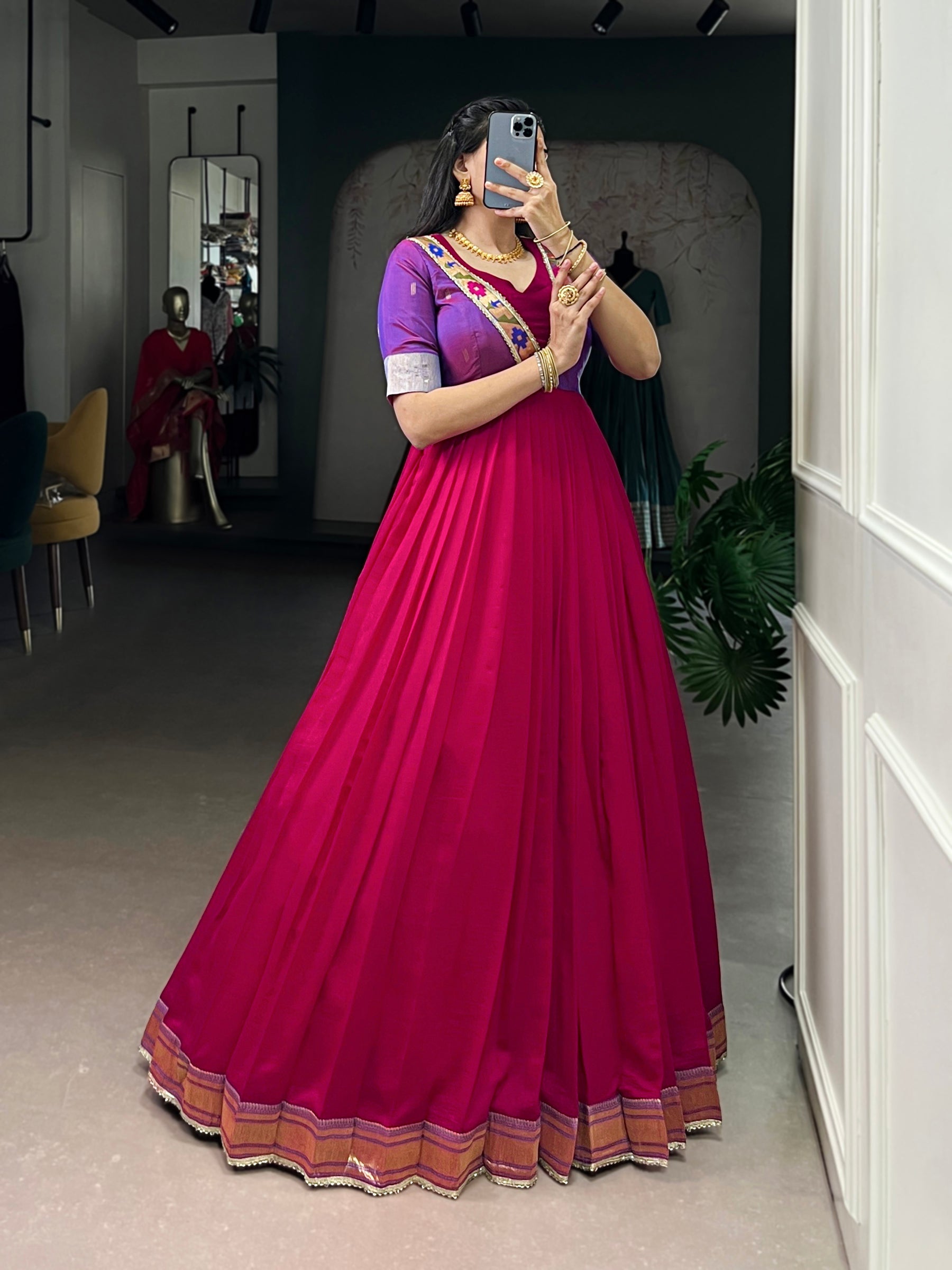 Lorenvalley Fashion Rani Pink Vichitra Silk Zari Weaving Work With Lace Touch Up Gown