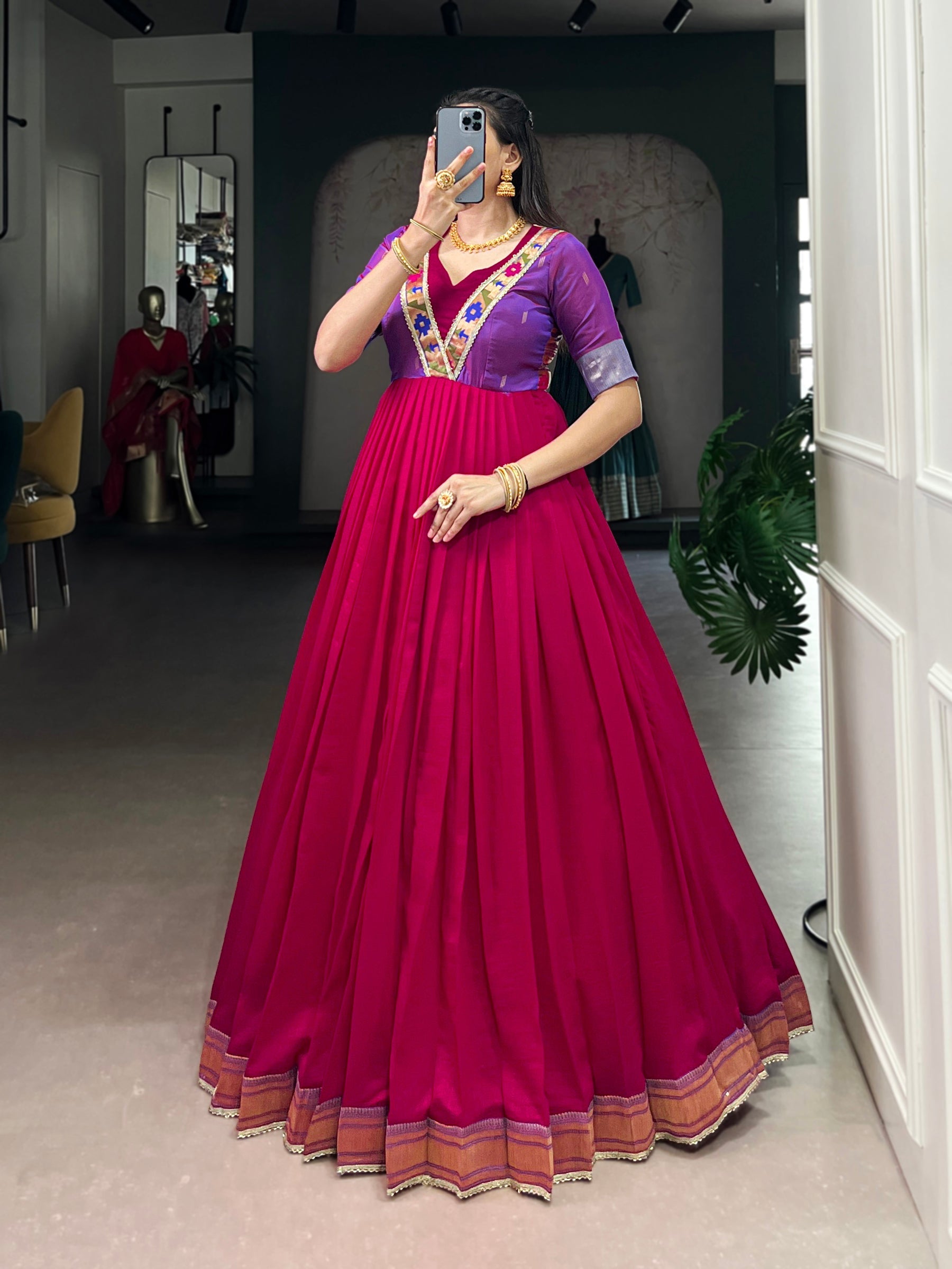 Lorenvalley Fashion Rani Pink Vichitra Silk Zari Weaving Work With Lace Touch Up Gown