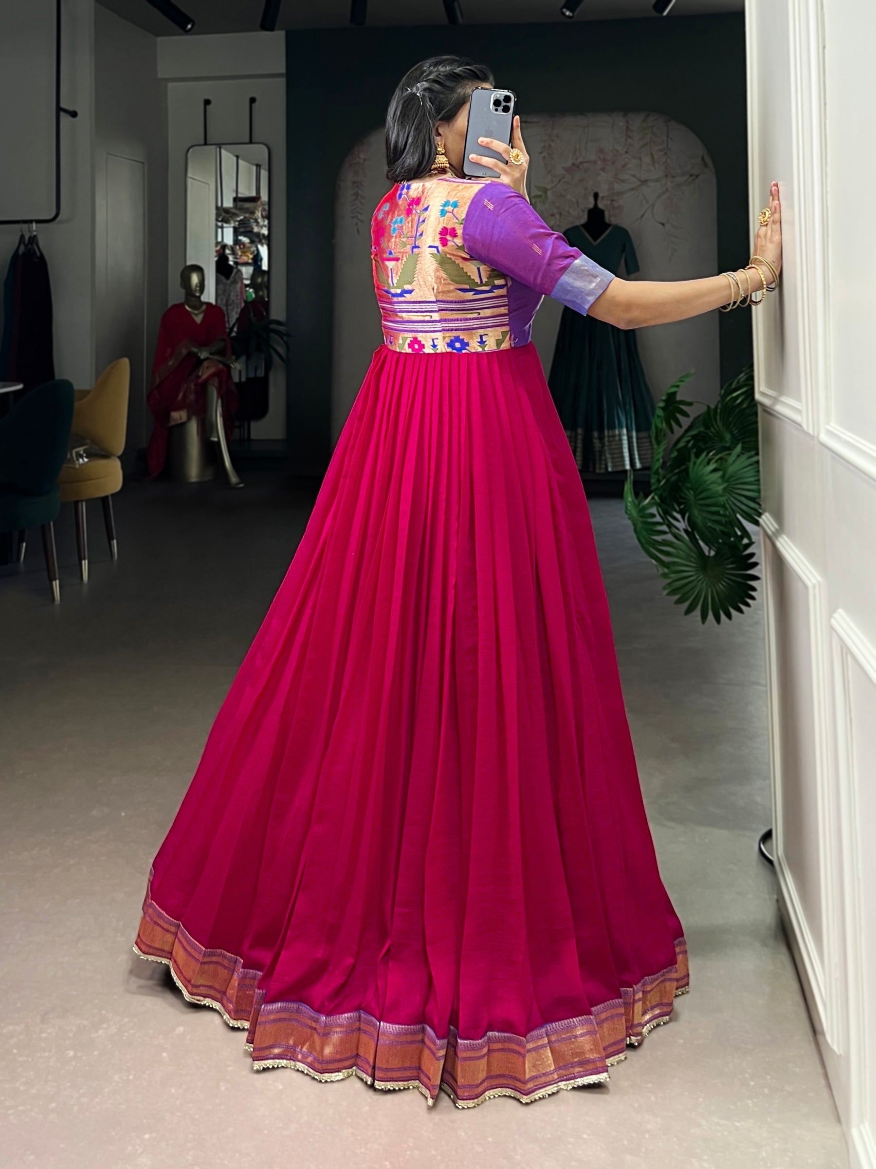 Lorenvalley Fashion Rani Pink Vichitra Silk Zari Weaving Work With Lace Touch Up Gown