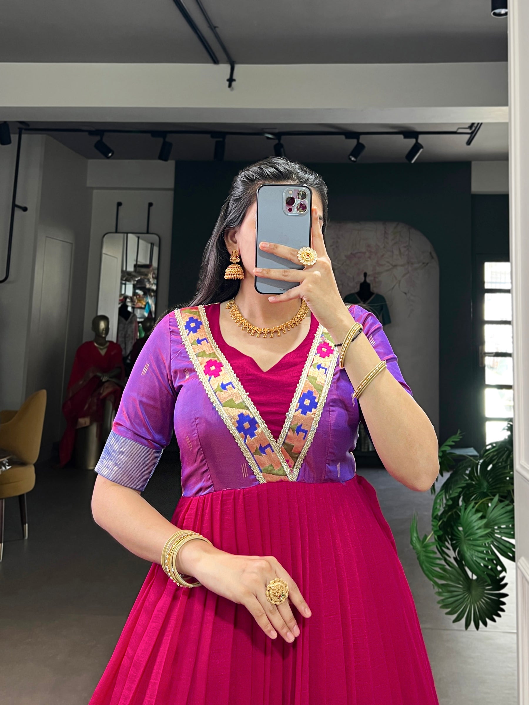 Lorenvalley Fashion Rani Pink Vichitra Silk Zari Weaving Work With Lace Touch Up Gown
