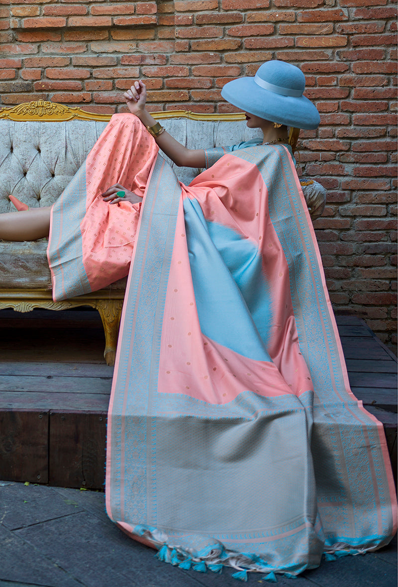 Monjolika Fashion Light Blue And Peach Weaving Silk Festival Contemporary Saree