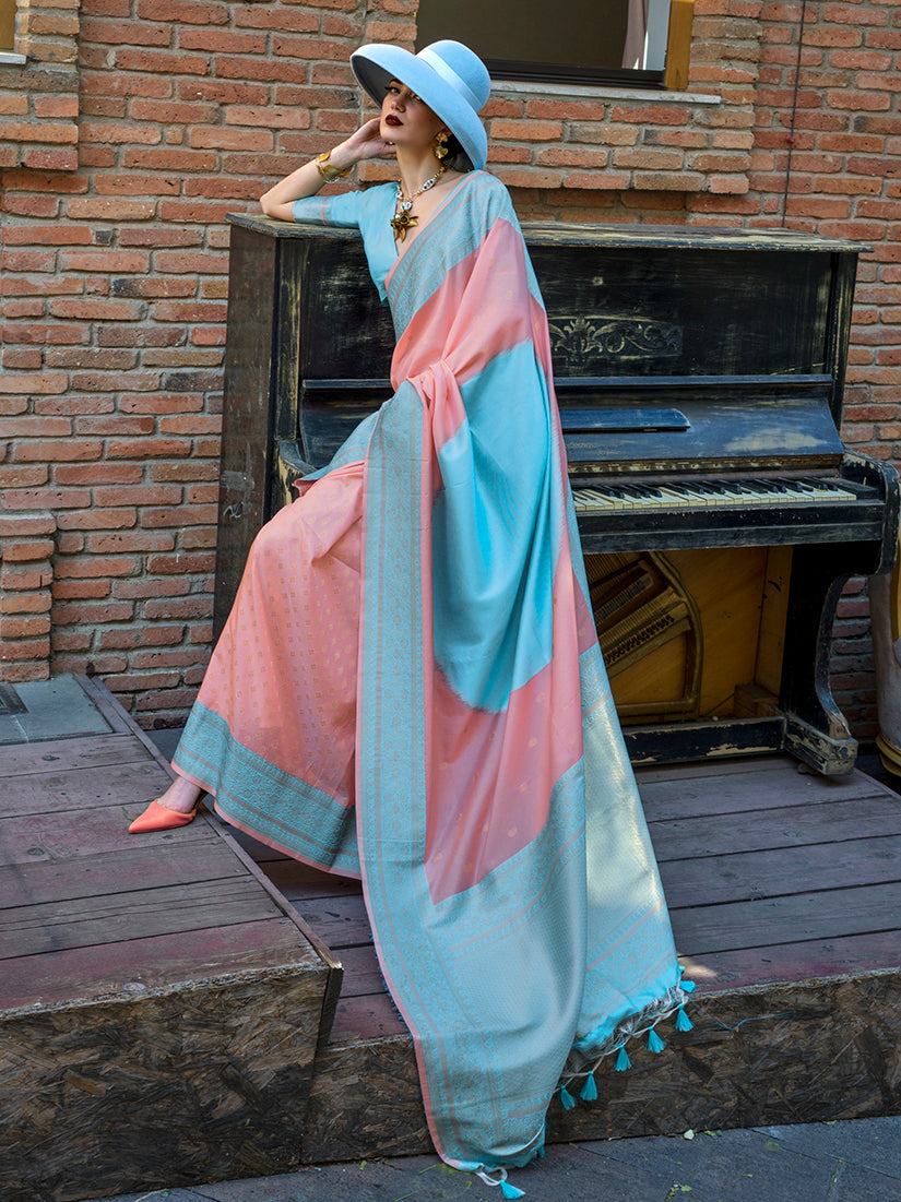 Monjolika Fashion Light Blue And Peach Weaving Silk Festival Contemporary Saree