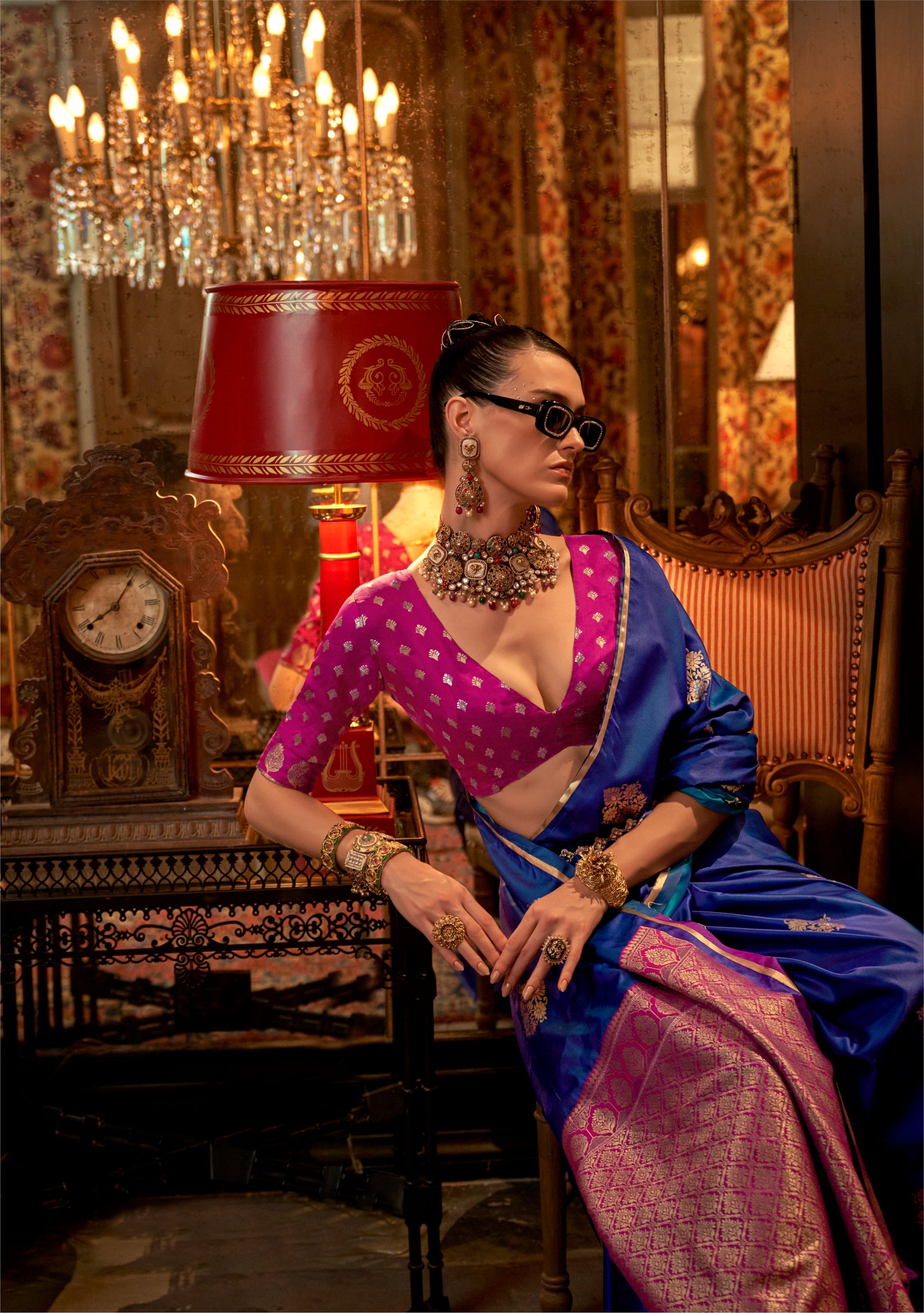 Monjolika Fashion Royal Blue Weaving Work Satin Contemporary Saree
