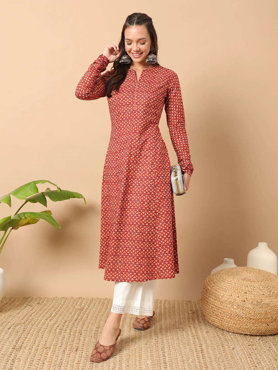 FIORRA Women's Floral Printed Red Cotton A-Line Kurta 
