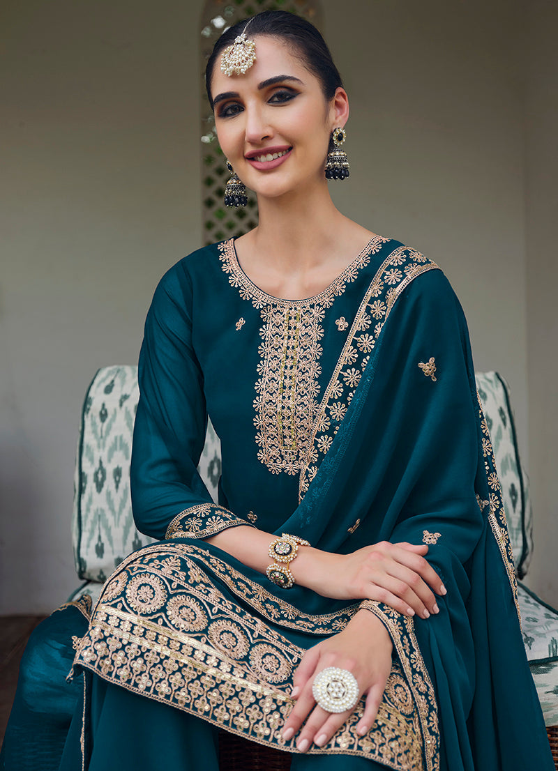 Monjolika Fashion Georgette Dark Teal Embroidered Designer Salwar Kameez