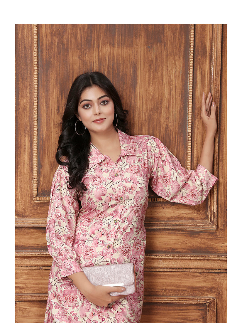 Monjolika Fashion Light Pink Premium Rayon Floral Printed Long Kurta And Pant Set