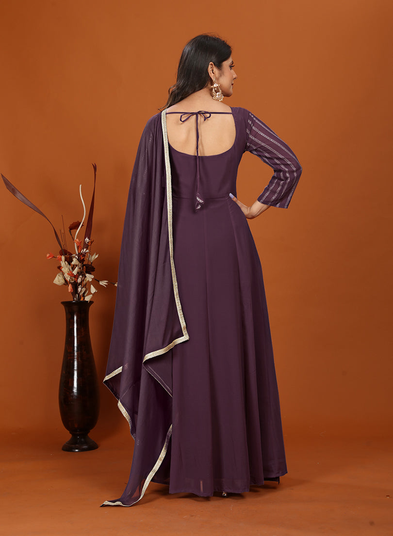 Monjolika Fashion Faux Georgette Embroidered Readymade Gown In Wine