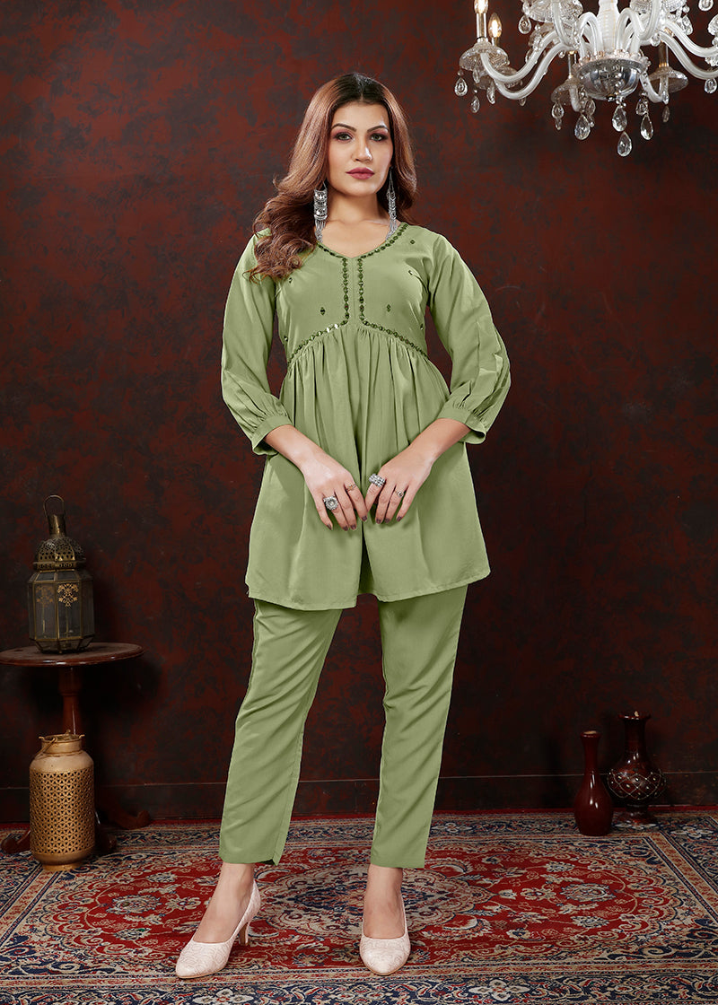 Monjolika Fashion Olive Maaza Cotton With Hand Work Trendy Co Ord Set 
