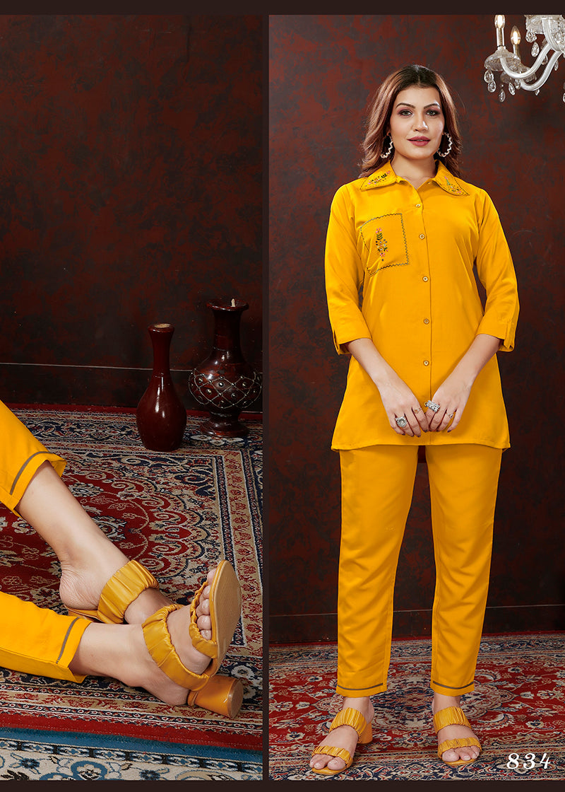 Monjolika Fashion Yellow Maaza Cotton With Hand Work Trendy Co Ord Set 