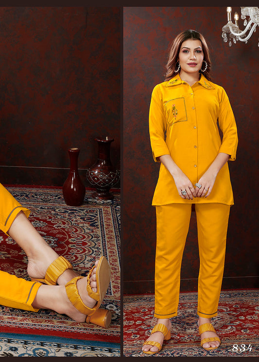 Monjolika Fashion Yellow Maaza Cotton With Hand Work Trendy Co Ord Set 