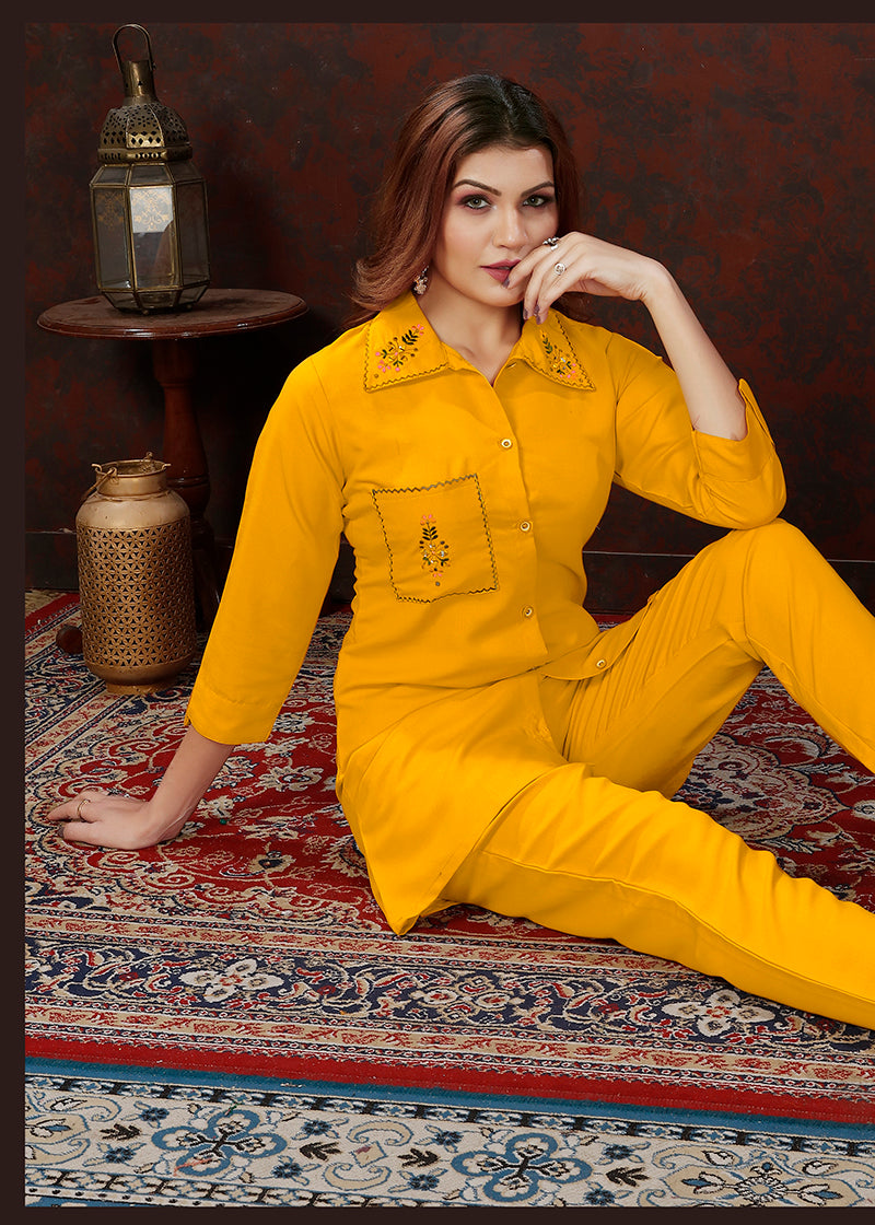 Monjolika Fashion Yellow Maaza Cotton With Hand Work Trendy Co Ord Set 