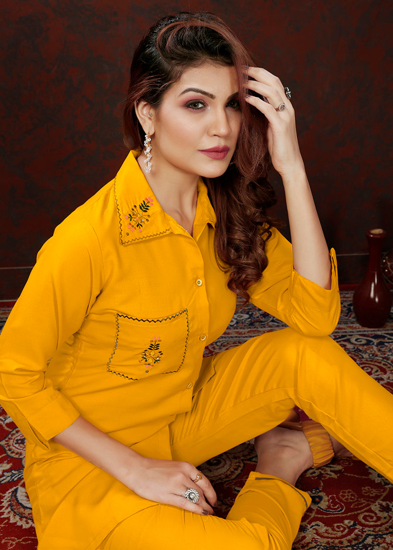 Monjolika Fashion Yellow Maaza Cotton With Hand Work Trendy Co Ord Set 