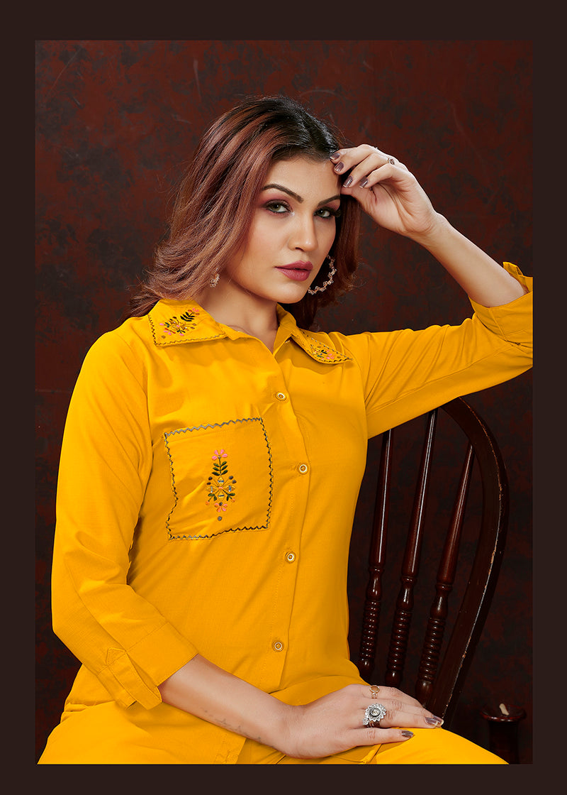 Monjolika Fashion Yellow Maaza Cotton With Hand Work Trendy Co Ord Set 