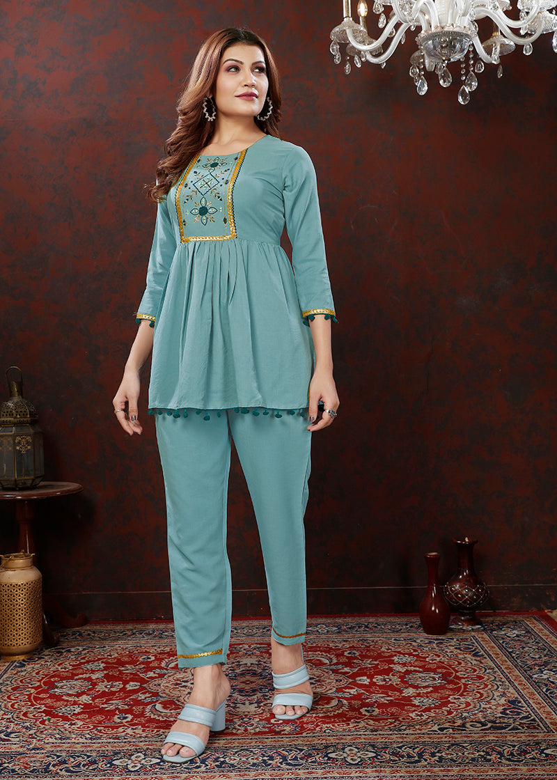Monjolika Fashion Light Blue Maaza Cotton With Hand Work Trendy Co Ord Set 