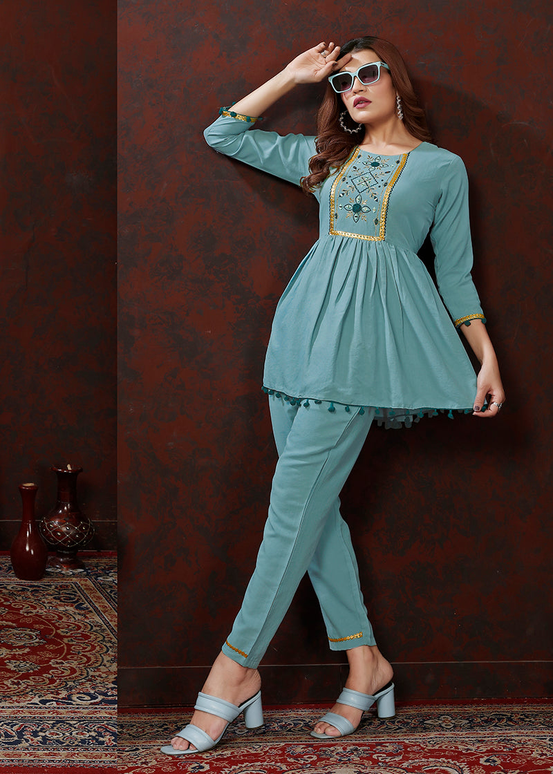 Monjolika Fashion Light Blue Maaza Cotton With Hand Work Trendy Co Ord Set 