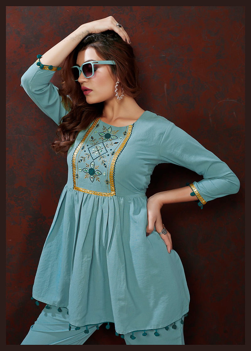 Monjolika Fashion Light Blue Maaza Cotton With Hand Work Trendy Co Ord Set 