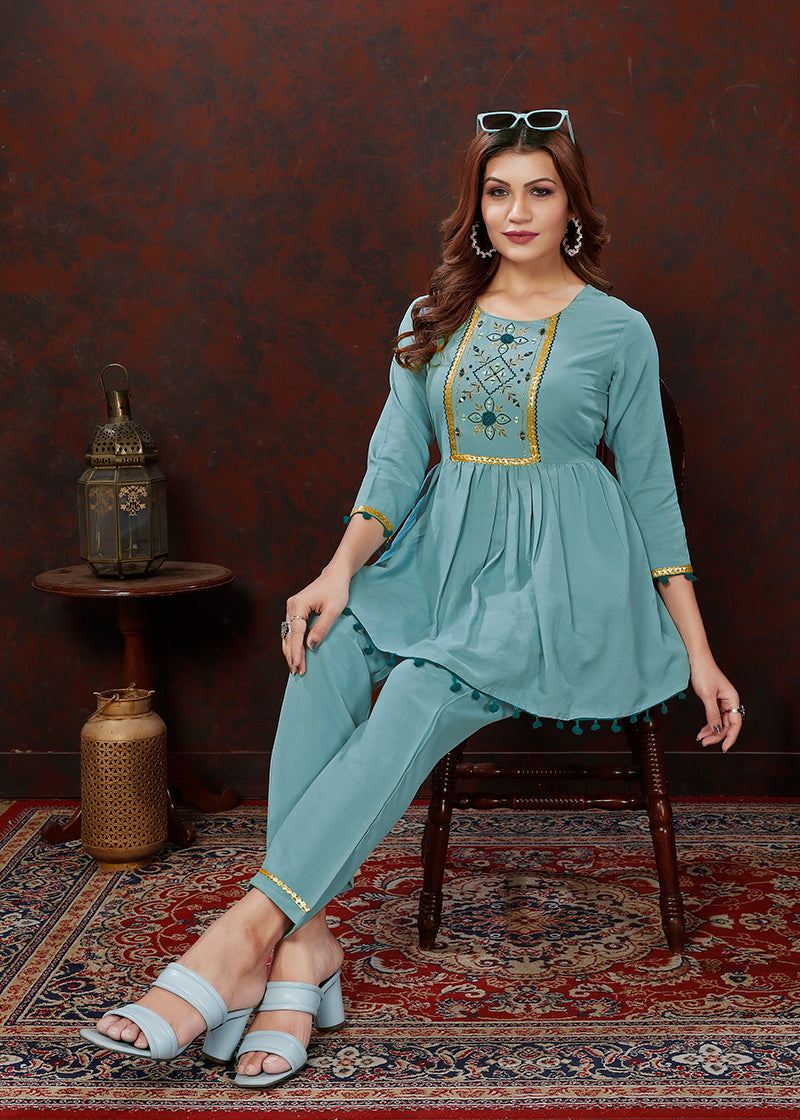 Monjolika Fashion Light Blue Maaza Cotton With Hand Work Trendy Co Ord Set 