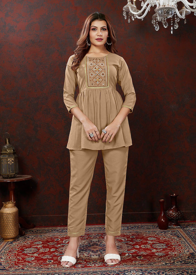 Monjolika Fashion Beige Maaza Cotton With Hand Work Trendy Co Ord Set 