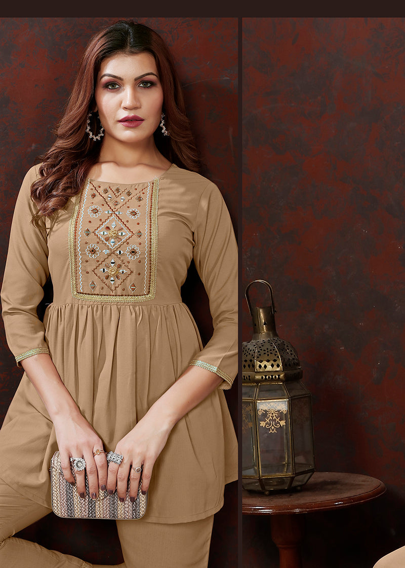 Monjolika Fashion Beige Maaza Cotton With Hand Work Trendy Co Ord Set 