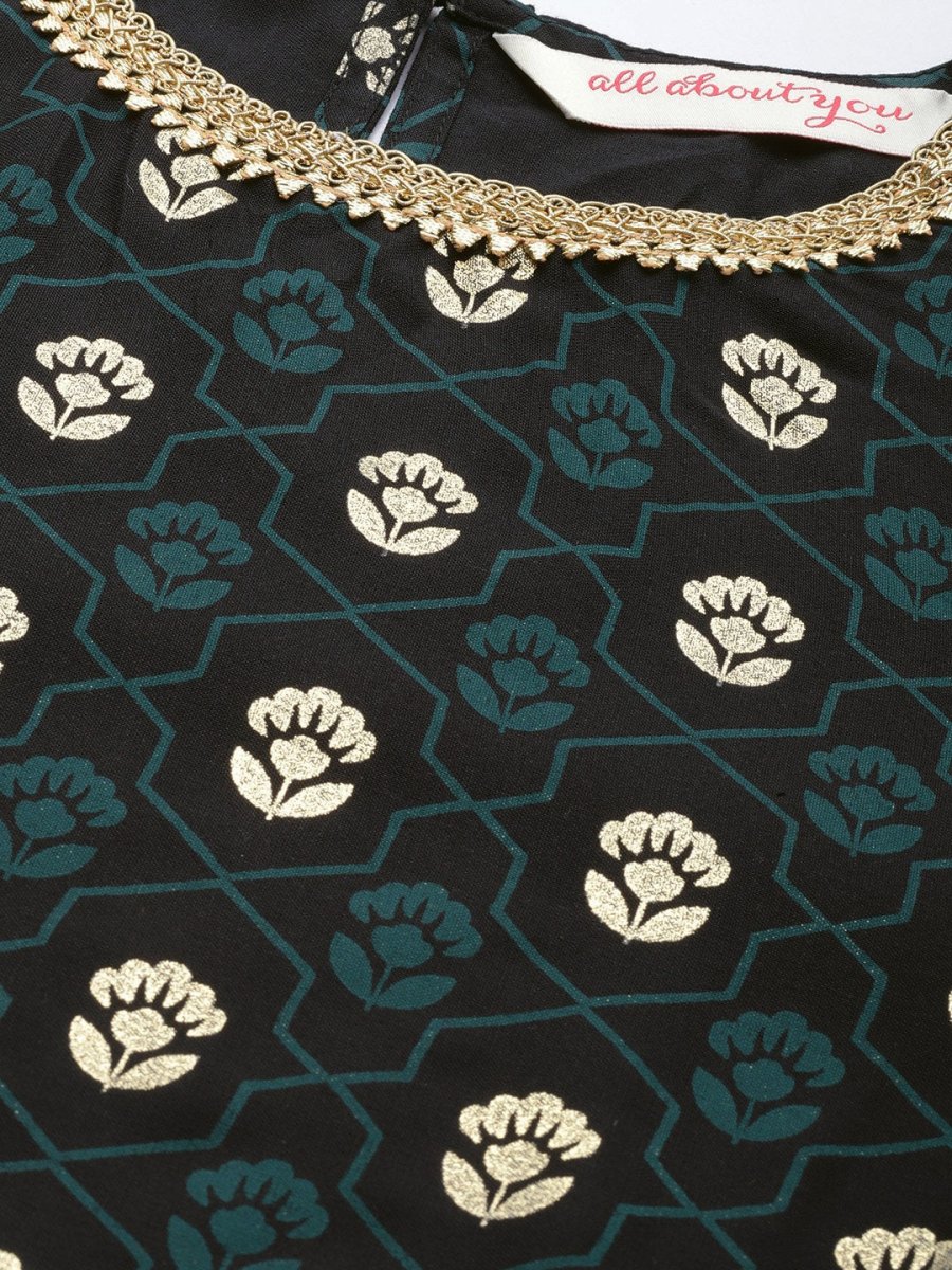 All About You Women Black & Gold-Toned Floral Printed Regular Kurta with Trousers