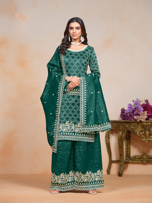 Monjolika Fashion Teal-Green Color Embroidered Santoon Art Silk Salwar Suit