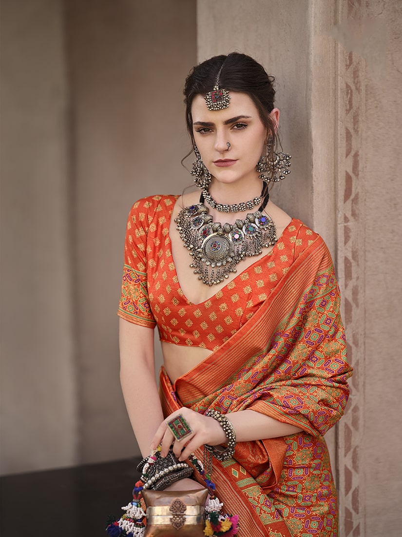 Monjolika Fashion Silk Patola Print Orange Traditional Saree