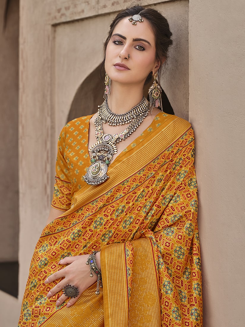 Monjolika Fashion Silk Patola Print Amber Traditional Saree