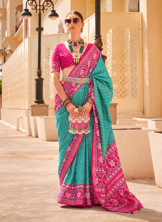 Monjolika Fashion Patola Silk Turquoise And Rani Pink Patola Print Classic Saree