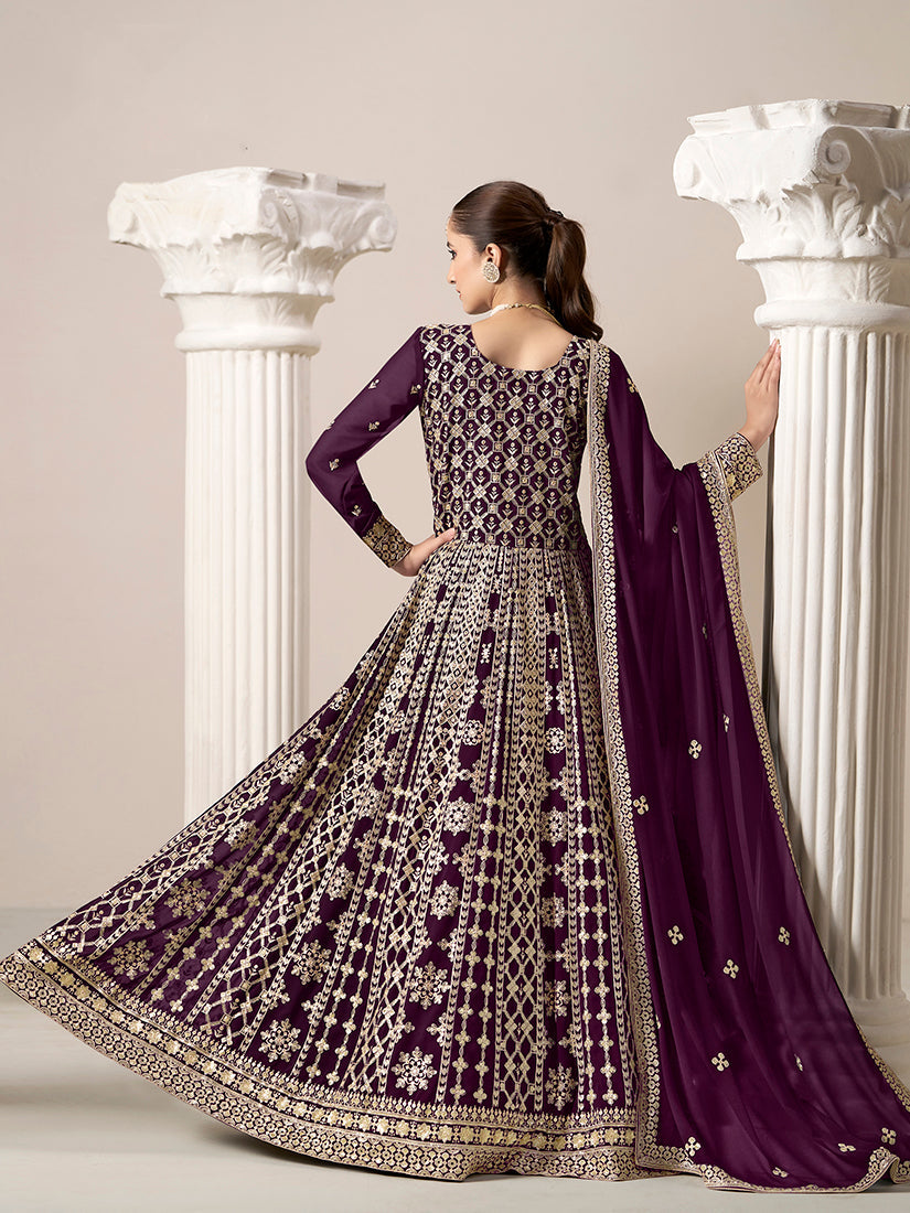Monjolika Fashion Dark-Purple Color Embroidered Santoon Georgette Salwar Suit