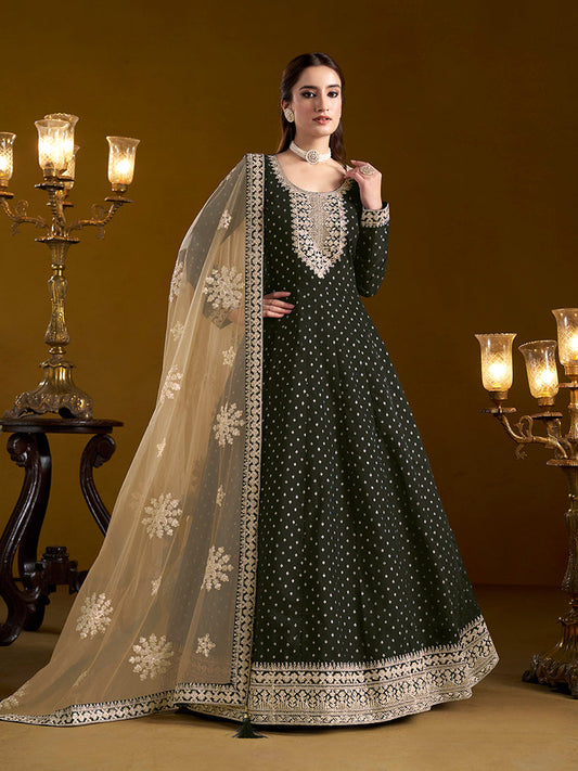 Monjolika Fashion Black Color Embroidered Santoon Chanderi Silk Salwar Suit