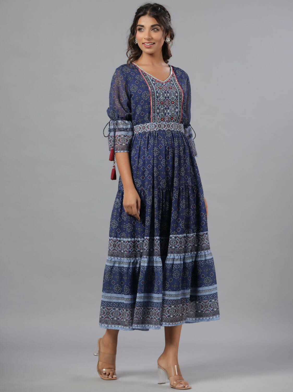 Juniper Women Navy Blue Georgette Geometric Printed Tiered Maxi Dress