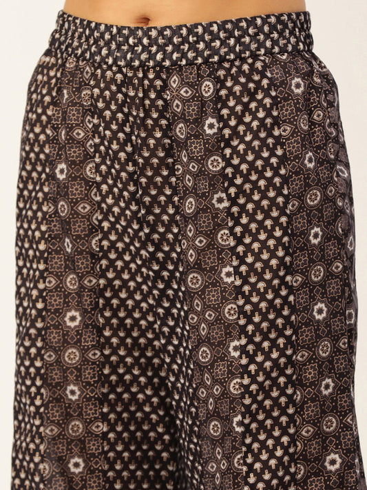 HERE&NOW Women Brown Printed Pure Cotton Top with Palazzos & With Dupatta