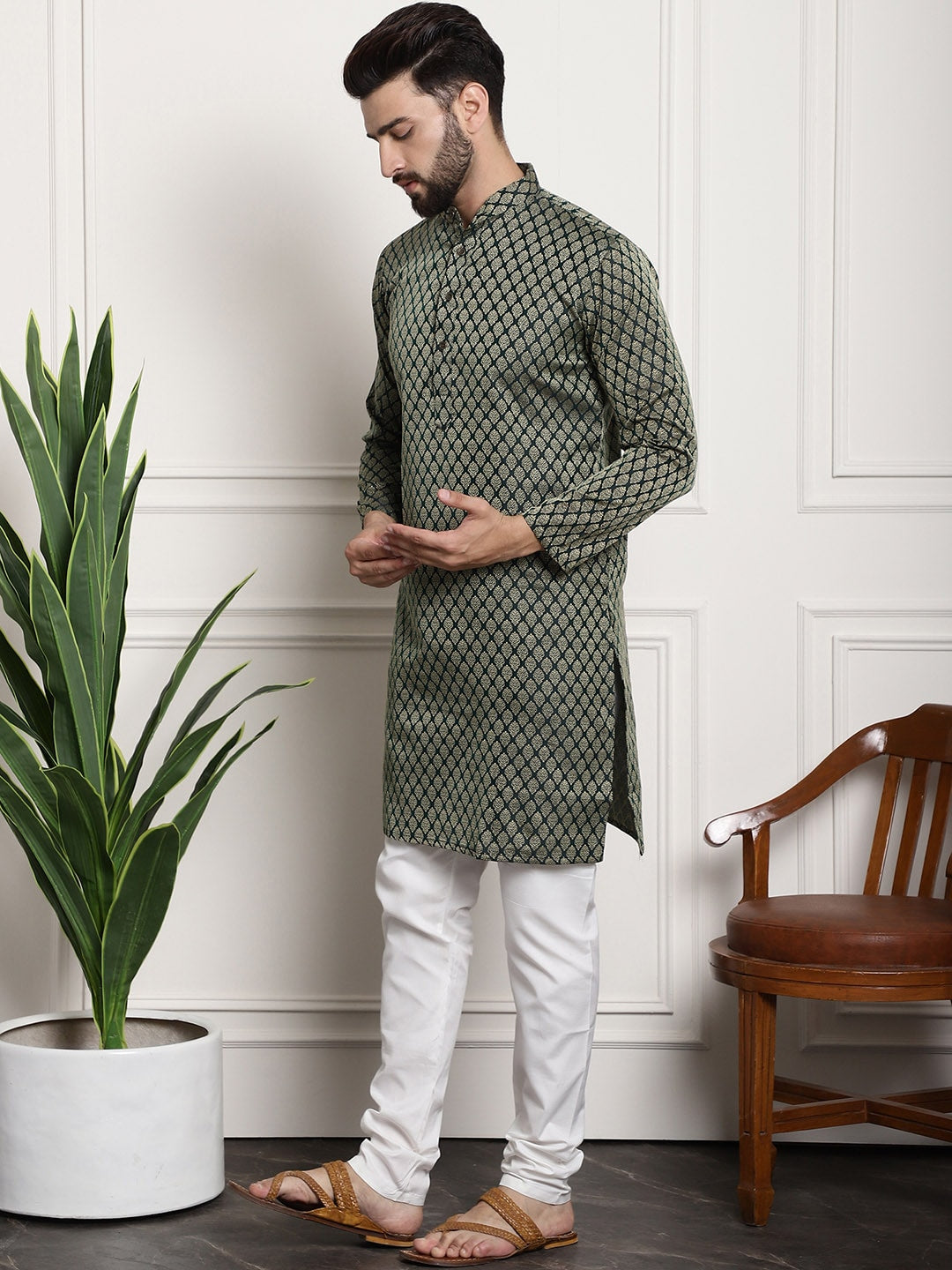 Sojanya Men Green & Off-White Woven Design Kurta with Churidar 