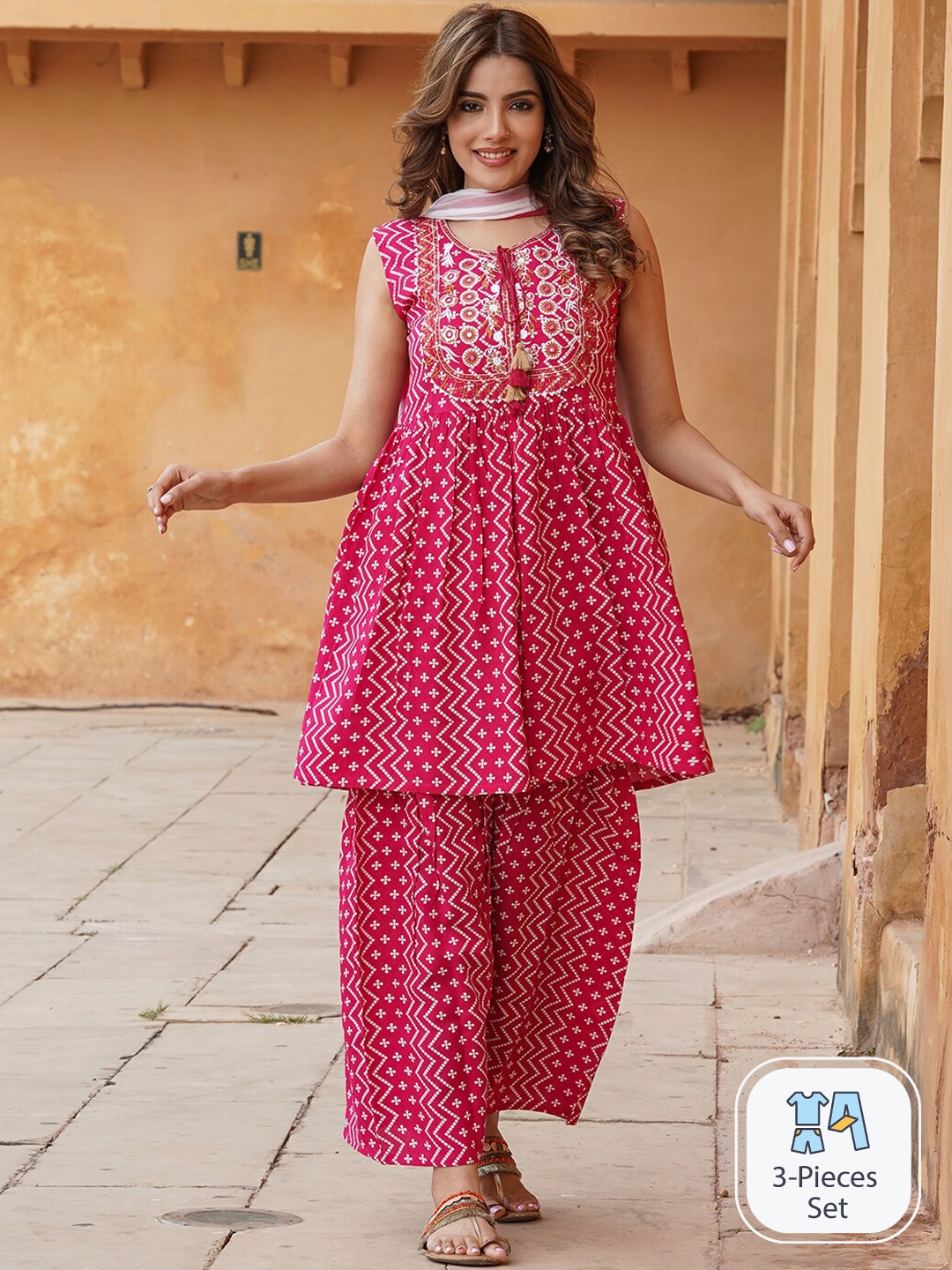 Kalini Ethnic Motifs Printed A-Line Kurta With Sharara & Dupatta 