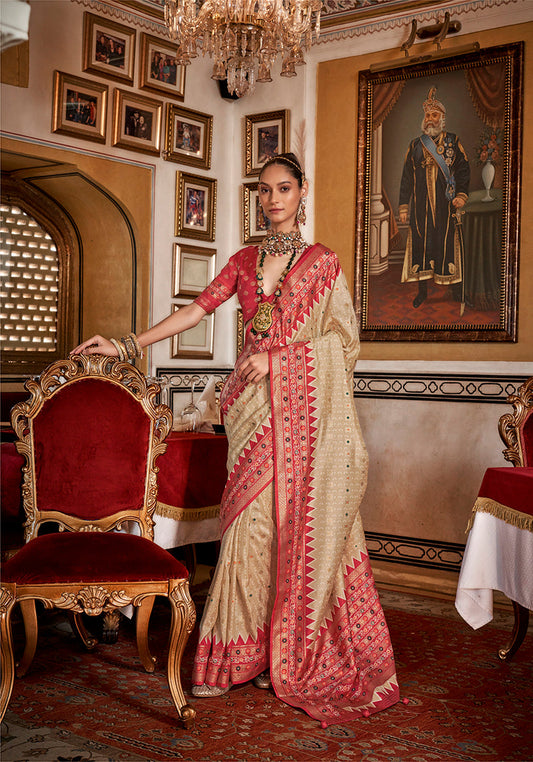 Monjolika Fashion Silk Cream With Red Border Printed Classic Saree