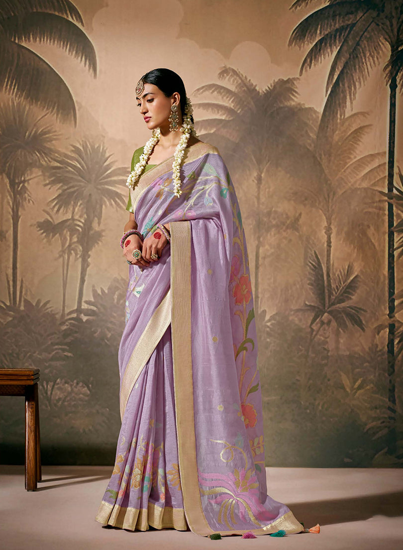 Monjolika Fashion Silk Floral Pattern Zari Work Lavender Contemporary Saree