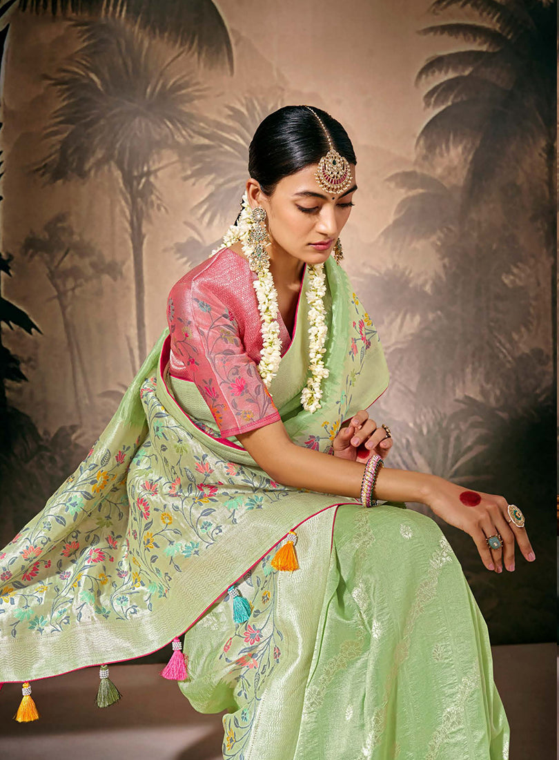 Monjolika Fashion Silk Floral Pattern Zari Work Light Green Contemporary Saree