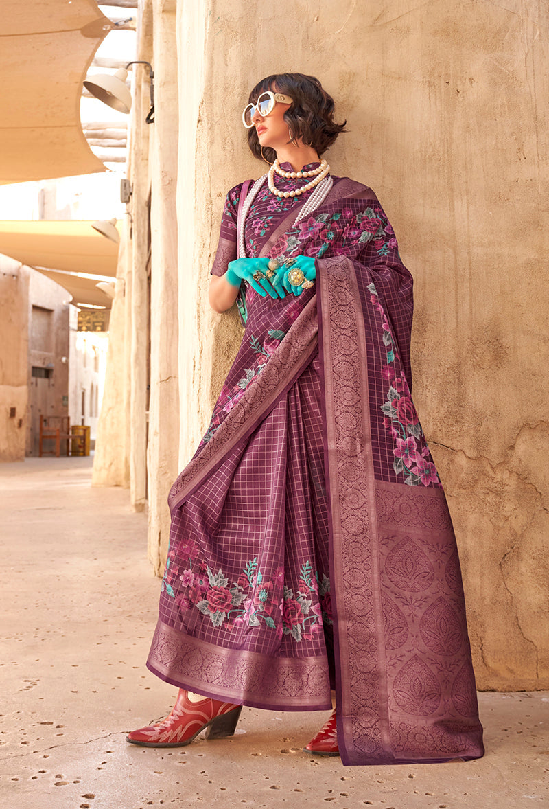 Monjolika Fashion Georgette Weaving Work Digital Print Burgundy Classic Saree