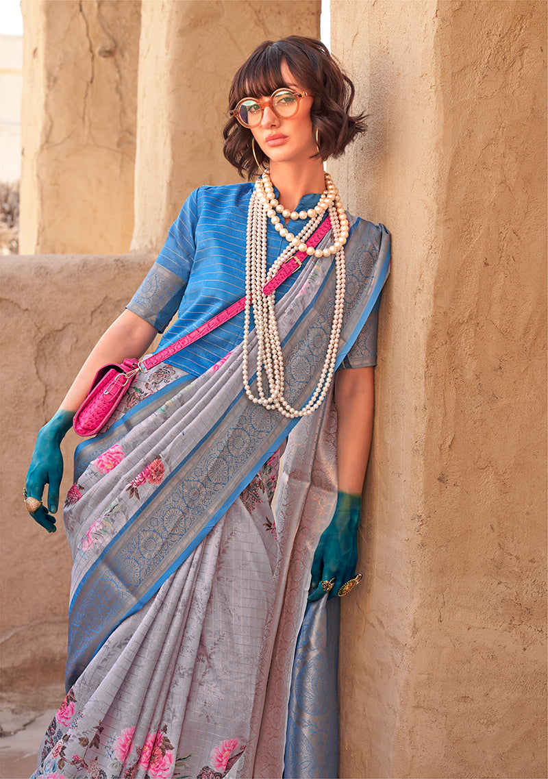 Monjolika Fashion Georgette Weaving Work Digital Print Grey Classic Saree