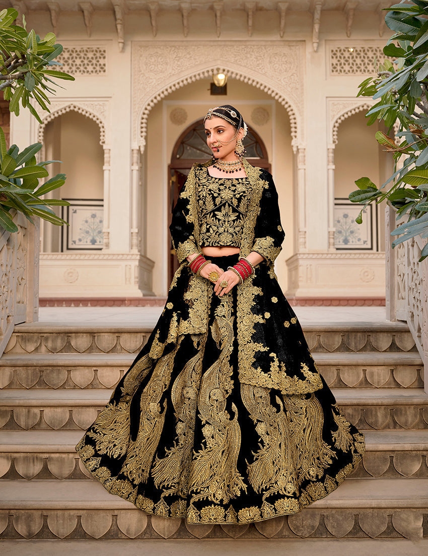 Monjolika Fashion Velvet Black Embroidered Stone Work Wedding Lehenga Choli | Grab2Buy