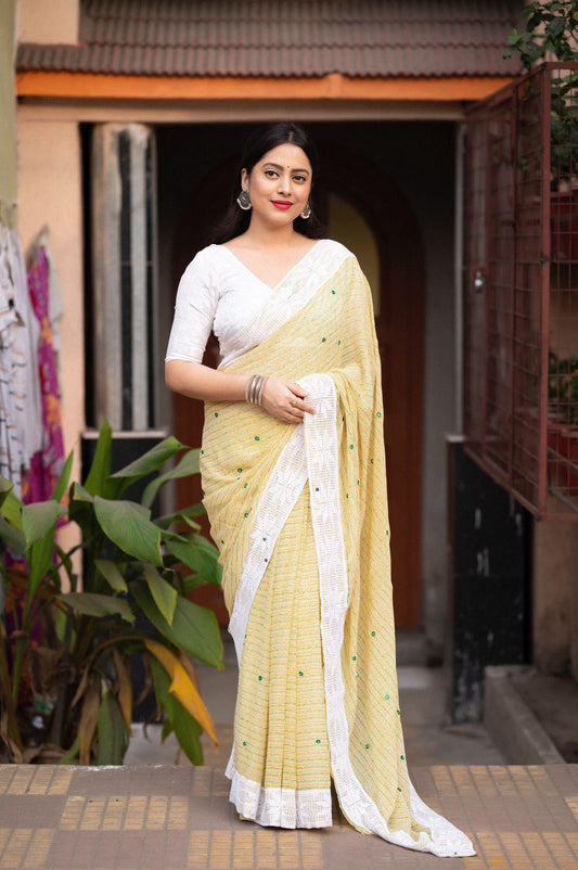Lemon Poly Georgette Ethnic Motifs Saree with Unstitched Blouse - A2M