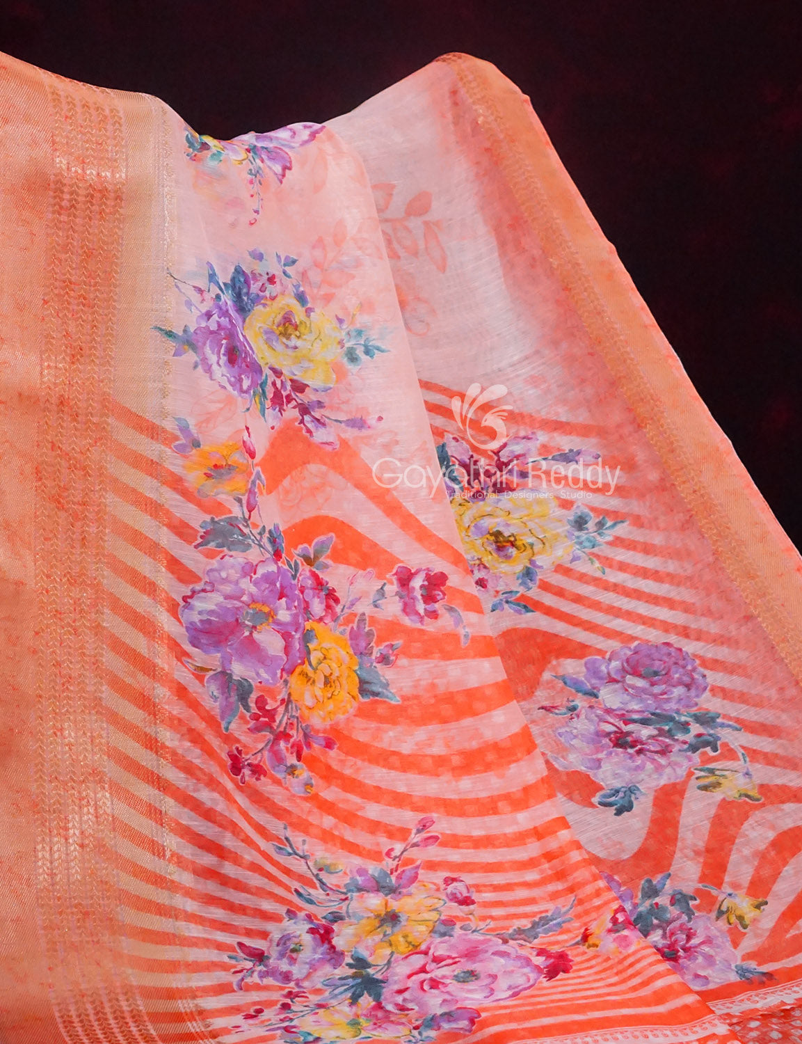 Vibrant Combination of Baby Peach and Orange with Floral Design Semi Chanderi Grab2Buy By Gayathri Reddy Designer Studio 