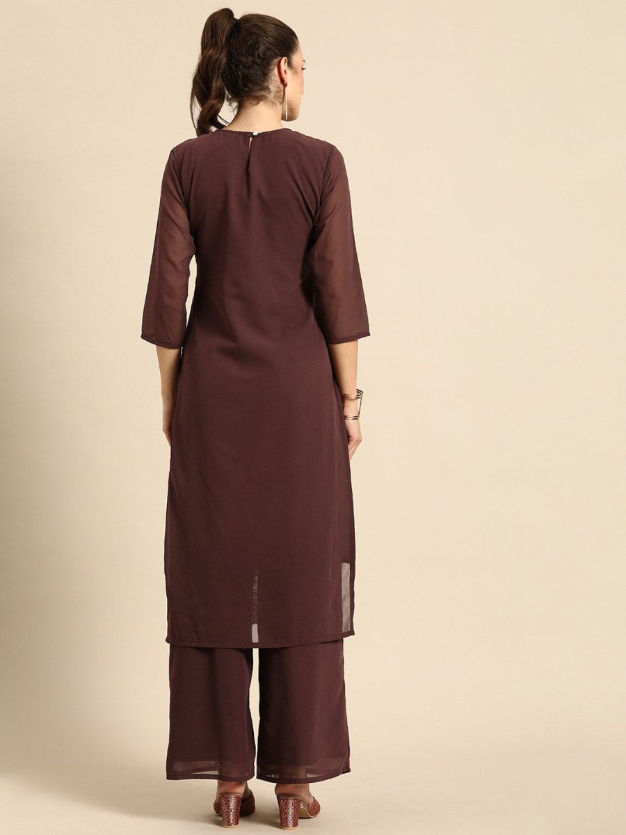All About You Women Brown Ethnic Motifs Embroidered Regular Chikankari Kurta with Palazzos 