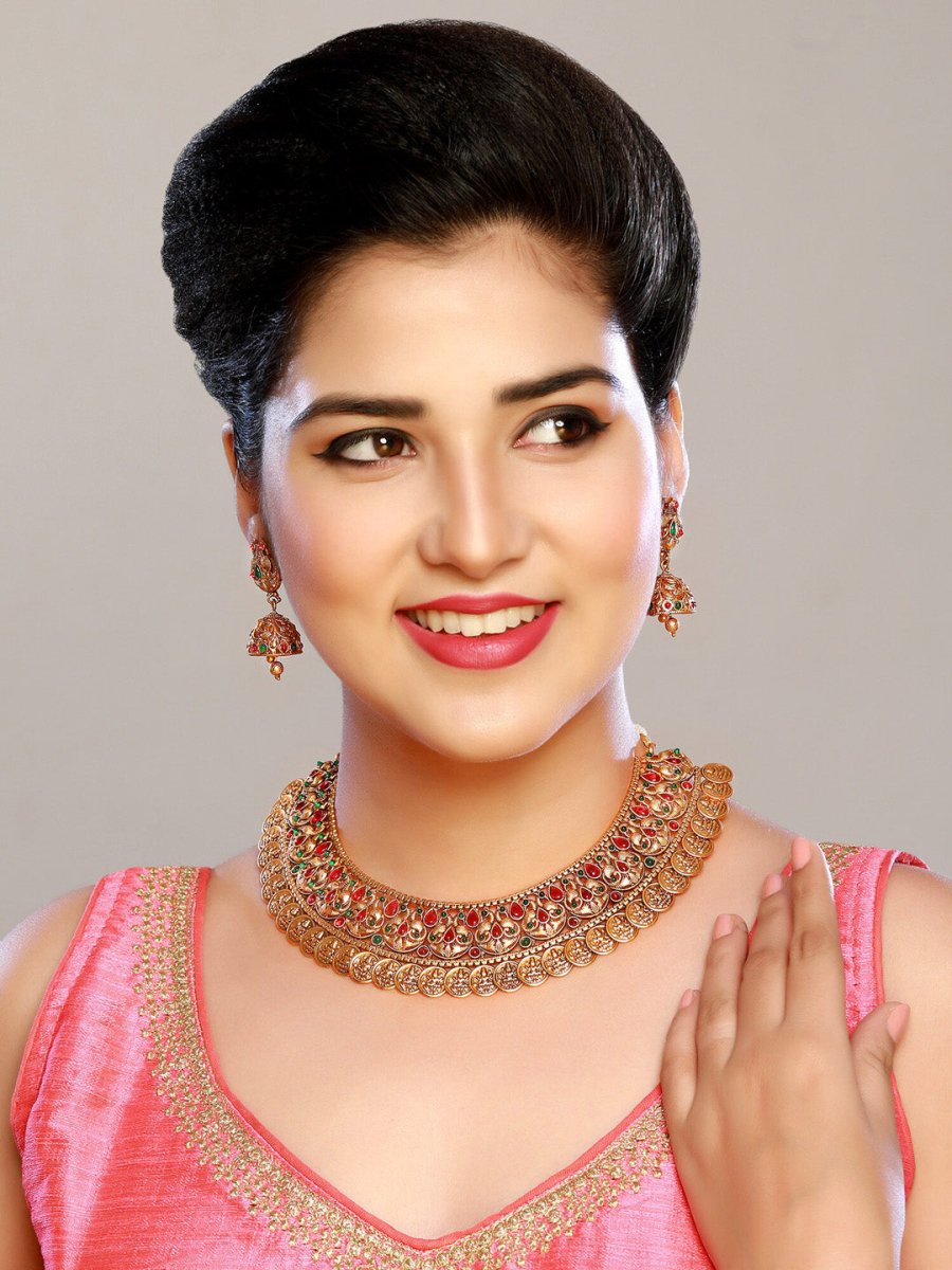 Aadita Gold-Plated Green & Pink Stone-Studded & Pearl Beaded Jewellery Set - Grab2buy