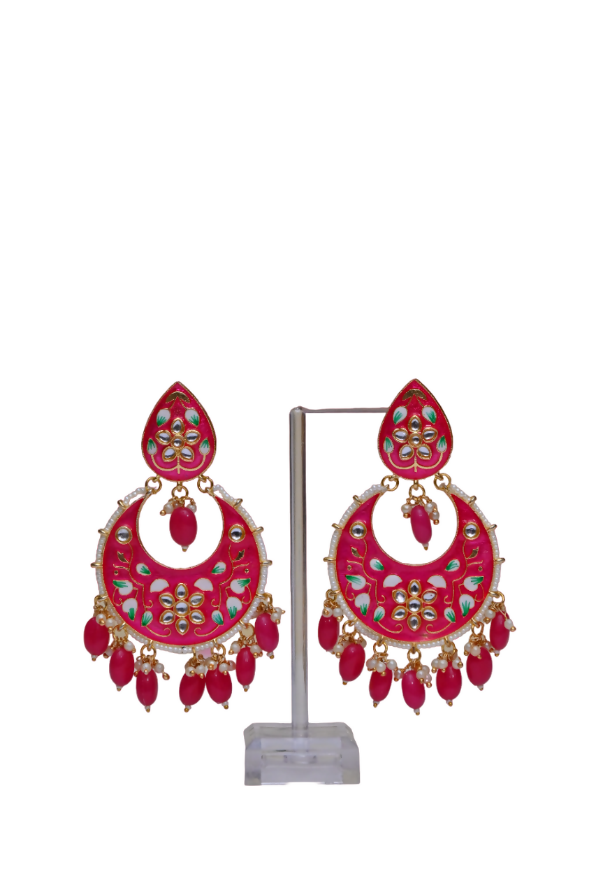 Gold Plated Brass & Pearl Dangle Women Pink Hand Painted Meenakari Chandbali Earrings By House of Ree - Grab2buy